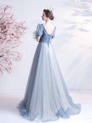 A-Line V Neck Tulle Gray Blue Long Prom Dress, Gray Blue Formal Dresses