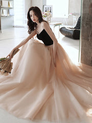 Champagne A line tulle long prom dress, champagne evening dress