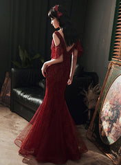Wine Red Mermaid Tulle Beaded V-neckline Prom Dress, Wine Red Evening Dress