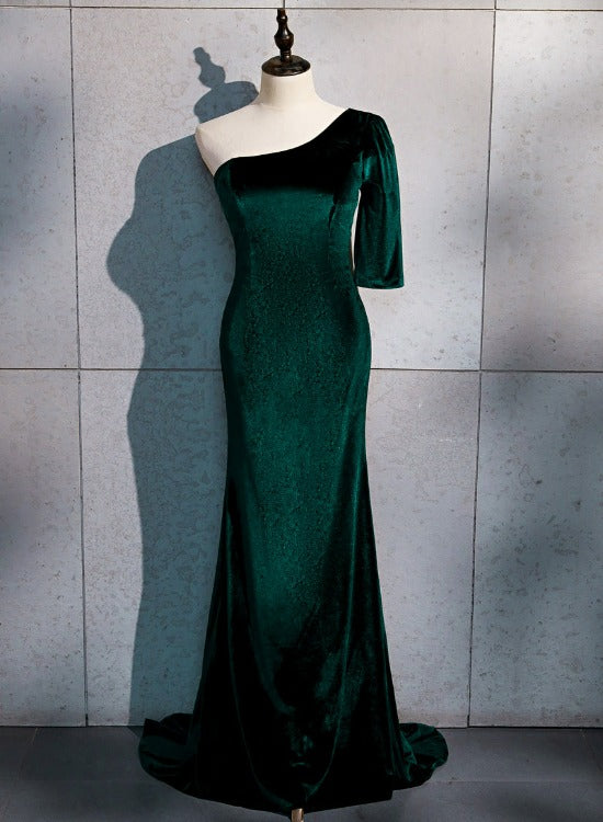 Beautiful Dark Green One Shoulder Evening Dress, Green Mermaid Formal Dresses