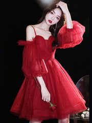 Red sweetheart neck tulle short prom dress cute homecoming dress