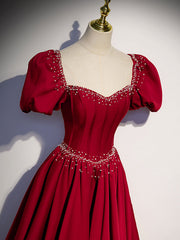 Burgundy A line satin beads long prom dress burgundy evening dress
