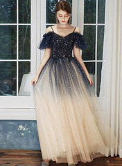 Blue and Champagne Gradient Off Shoulder Party Dress, A-line Long Prom Dress
