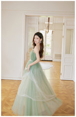 Light Green Tulle Straps Long Prom Dress, Light Green A-line Party Dress
