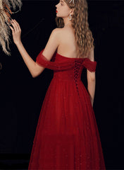 Wine Red Off Shoulder Tulle A-line Evening Dress, Wine Red Tulle Long Prom Dress