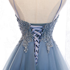 Lovely Blue High Low V-neckline Straps Party Dress, New Straps Prom Dress
