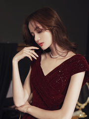 Wine Red V-neckline Velvet Long Party Dress, Floor Length Prom Dress