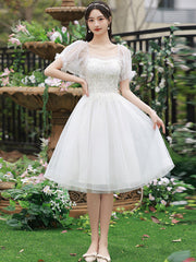Cute Short Tulle Party Dress with Beadings, White Formal Dress Graduation Dress