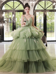 Green v neck tulle long prom dress, green tulle formal evening dress