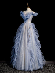 Blue Off Shoulder Tulle Sequin Beading Long Prom Dress, Blue Formal Dress