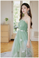Light Green Tulle Straps Long Prom Dress, Light Green A-line Party Dress
