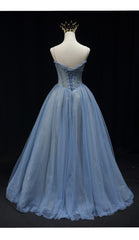 Blue Straps Beaded Tulle A-line Long Party Dress, Blue Fashionable Prom Dress