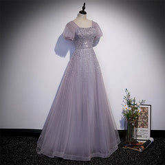 Beautiful Light Purple Sequins Short Sleeves Party Dress, Purple Formal Dresses