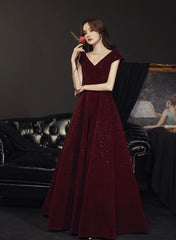 Wine Red V-neckline Velvet Long Party Dress, Floor Length Prom Dress