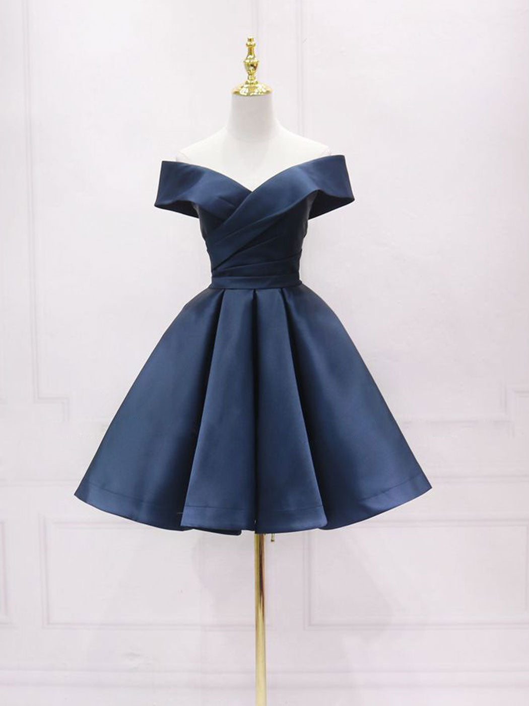 Simple blue off shoulder satin short prom dress blue bridesmaid dress