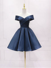 Simple blue off shoulder satin short prom dress blue bridesmaid dress