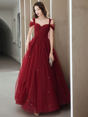 Burgundy A line long prom dress, off shoulder formal graduation dress