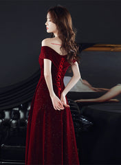 Wine Red Velvet Off Shoulder Long Party Dress, A-line Wine Red Prom Dress Evening Dress