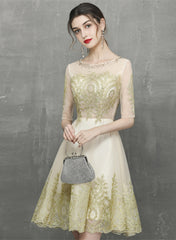 Champagne Knee Length Tulle with Lace Party Dress, Short Homecoming Dress