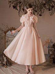 Pink tulle off shoulder tea length prom dress, pink formal dress