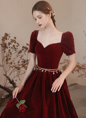 A-line Wine Red Short Sleeves Velvet Party Dress, Wine Red Long Prom Dress