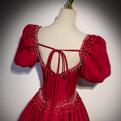 Wine Red Satin Long Beaded Floor Length Party Dress, Wine Red Prom Dress
