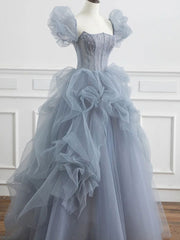 Gray blue beads long prom dress gray tulle formal dress