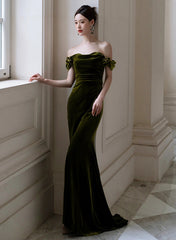 Green Mermaid Sweetheart Off Shoulder Formal Dress, Green Velvet Prom Dress