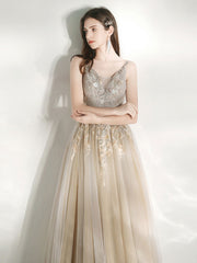 Champagne A Line Tulle lace long Prom Dress, Champagne Graduation Dresses
