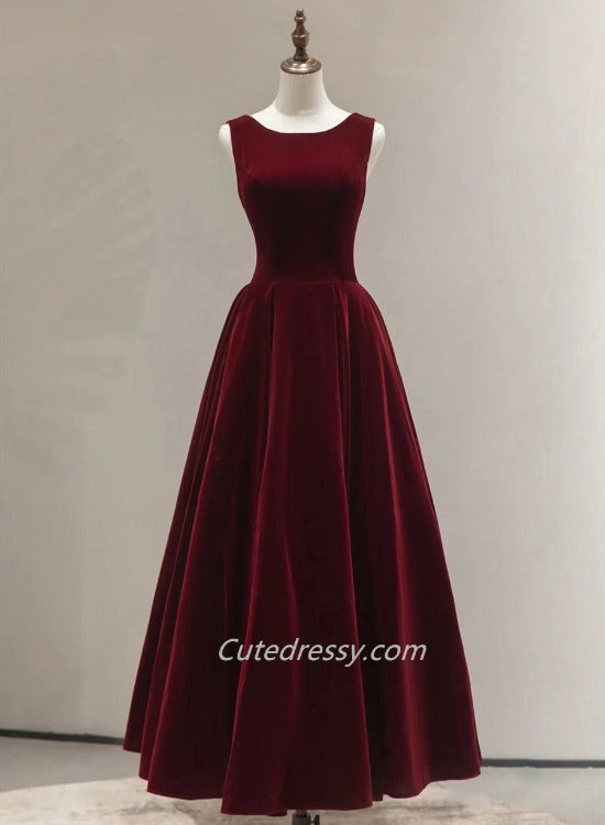 Beautiful Wine Red Velvet Long Simple Party Dress, Wine Red Bridesmaid Dresses