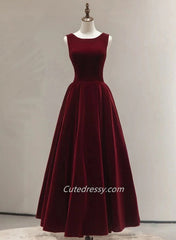 Beautiful Wine Red Velvet Long Simple Party Dress, Wine Red Bridesmaid Dresses