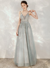 Tulle A-line Beaded Straps Long Party Dress, A-line Low Back Prom Dress
