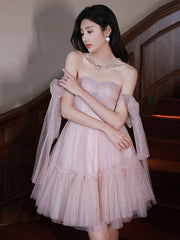 Pink tulle off shoulder short prom dress pink evening dress