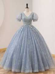 Gray Blue Tulle Lace sequin Long Prom Dress, Blue Formal Sweet 16 Dress