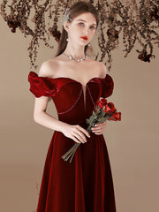 Wine Red Velvet Beaded Off Shoulder Sweetheart Prom Dress, Wine Red Bridesmaid Dress