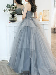 Charming Grey Tulle Long Sweet 16 Gown with Flowers, Grey Formal Dress Party Dress