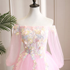 Cute Pink Ball Gown Sweet 16 Dress with Flowers, Pink Tulle Long Formal Dress