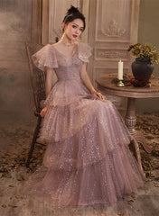 Dark Pink Shiny Tulle Short Sleeves Party Dress, Beaded Pink Tulle Prom Dress