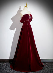 Wine Red Velvet Long Off Shoulder Prom Dress, Wine Red Velvet Party Dress