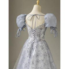 Cute Floral Printed Long Prom Dress  A Line Puff Sleeves Blue Party Gown  516