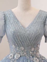 Gray Blue Tulle Lace sequin Long Prom Dress, Blue Formal Sweet 16 Dress