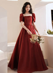 Lovely Wine Red Short Sleeves Organza Party Dress, A-line Wine Red Prom Dress