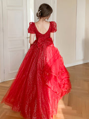 Red Shiny Tulle Short Sleeves Long A-line Prom Dress, Red Wedding Party Dress