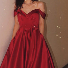 Dark Red Satin Long Prom Dresses, A-line Sweetheart Evening Dress Formal Gown