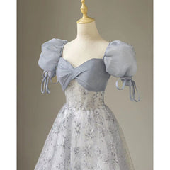 Cute Floral Printed Long Prom Dress  A Line Puff Sleeves Blue Party Gown  516