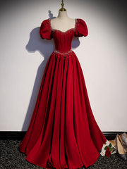 Burgundy A line satin beads long prom dress burgundy evening dress