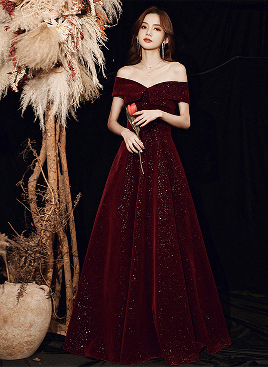 Wine Red off Shoulder Prom Dress, Long Elegant Bridal Gown Sparkly Velvet Party Dress