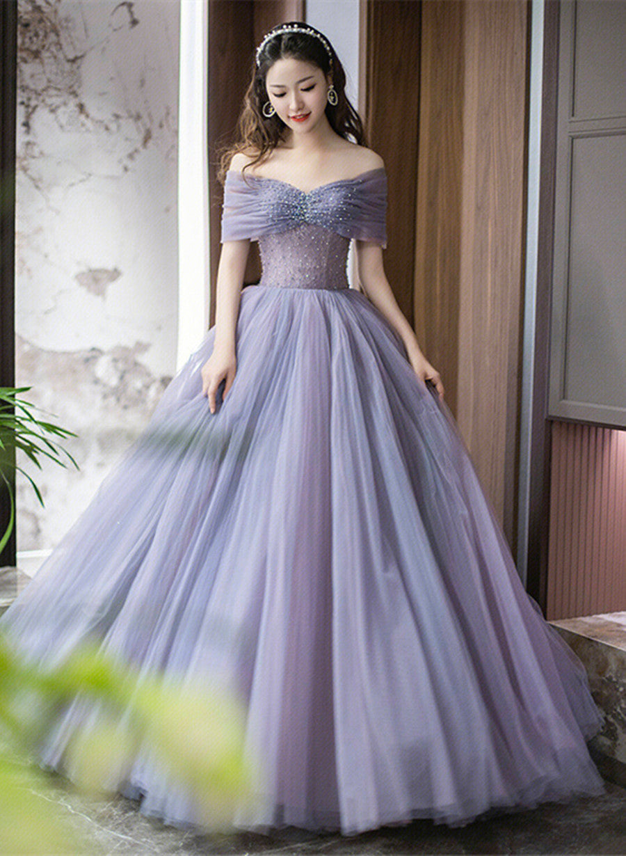 Purple Beaded Tulle Ball Gown Formal Dress, Off Shoulder Sweet 16 Formal Dress