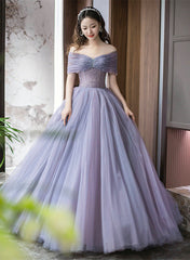 Purple Beaded Tulle Ball Gown Formal Dress, Off Shoulder Sweet 16 Formal Dress
