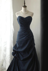 Elegant Navy Blue Vintage Style Taffeta Long Prom Dress, Navy Blue Party Dress